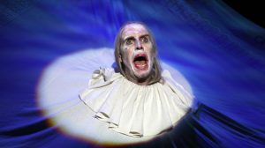 Production shot of Rhys Ifans in Exit The King by Eugene Ionesco adapted by Patrick Marber at National Theatre London