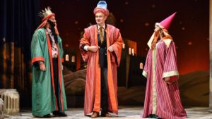 Production shot of John Marquez, Hugh Dennis & Lesley Garrett in The Messiah by Patrick Barlow