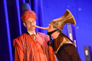 Production shot of Hugh Dennis and John Marquez in The Messiah, directed by Patrick Barlow