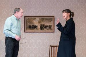 Production shot of Alun Armstrong and Nicola Walker in The Cane at Royal Court Theatre