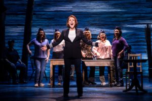 Production shot of Rachel Tucker and other members of the cast in Come From Away the musical at the Phoenix Theatre in London