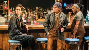 Production shot of Leanne Best, Martha Plimpton and Clare Perkins in the Donmar production of Sweat at the Gielgud Theatre