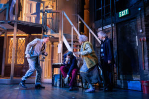 Production photo of Daniel Rigby, Richard Henders, Meera Syal & Simon Rouse in Noises Off at the Garrick Theatre 2019