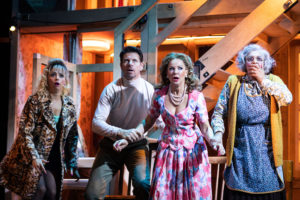 Production photo of Lisa McGrillis, Lloyd Owen, Sarah Hadland & Meera Syal in Noises Off The Garrick theatre 2020