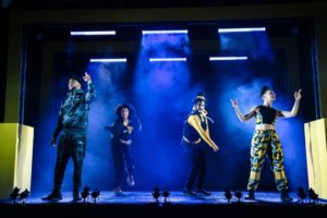 Production photo of MC Jammz, Stacy Abalogun, Kirubel Belay and Debris Stevenson in Poet In Da Corner at Royal Court Theatre in London