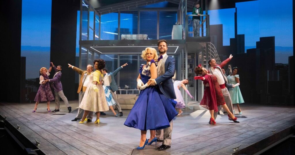 Production photo of Jay McGuiness and Kimberley Walsh in Sleepless A Musical Romance at the Troubadour Theatre in Wembley Park London