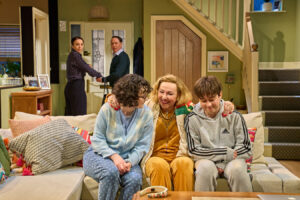 Production photo from The Unfriend at the Minerva Theatre in Chichester showing Maddie Holliday, Frances Barber & Gabriel Howell in May 2022