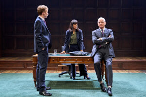 John Heffernan, Stephanie Street and Malcolm Sinclair who are three actors in the play The Inquiry at The Minerva Theatre in Chichester, are grouped around a table