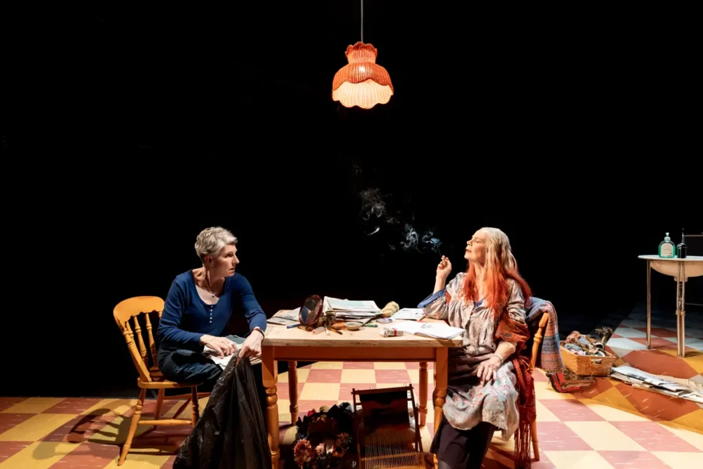 Amiddle-aged woman and an old woman sit opposite each other at a kitchen table